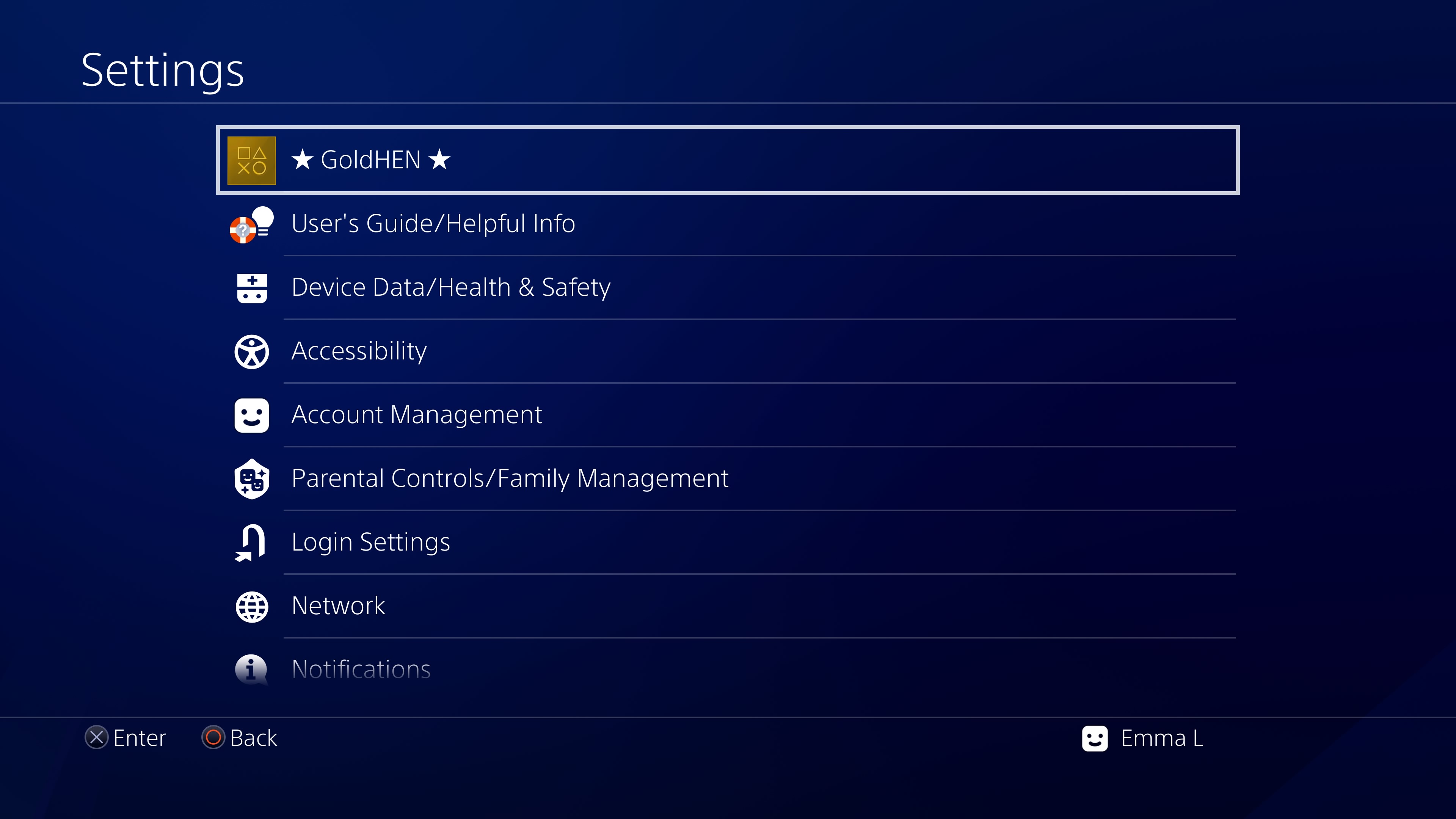 A screenshot of GoldHEN at the top of the Settings application